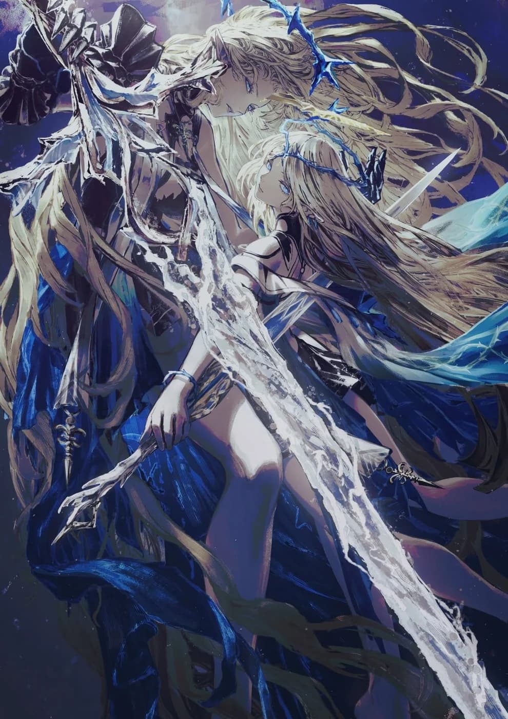 two figures with drawn blades against a blue night
