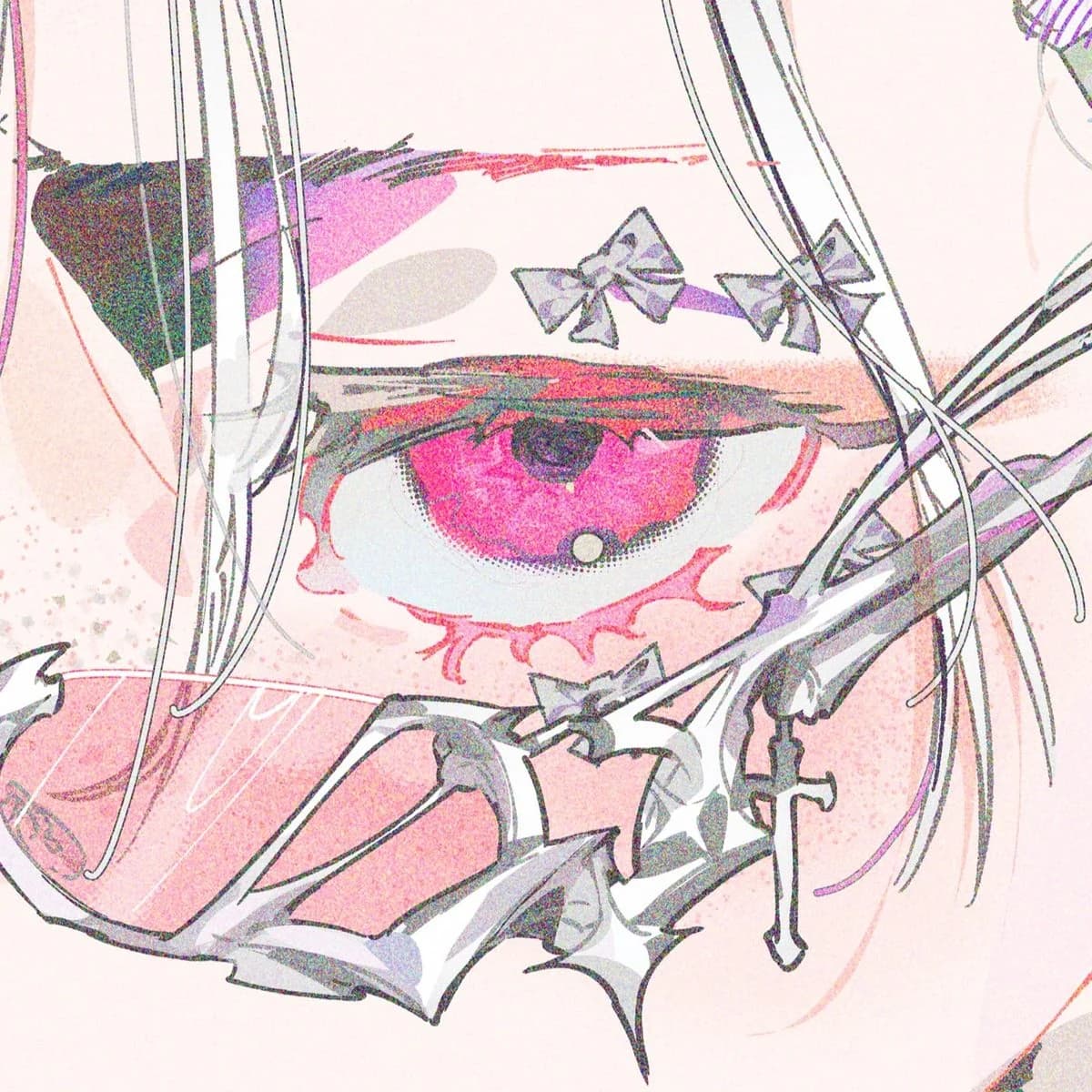 a pink eye study crowded with ribbons and blades